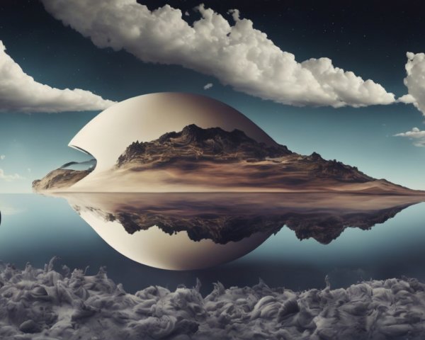 Surreal Landscape with Reflective Egg Structure Over Water