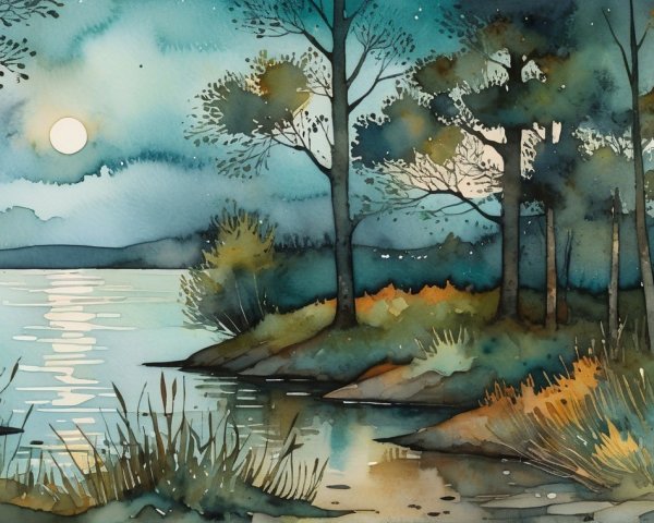 Watercolor Landscape of a Moonlit Lake Scene