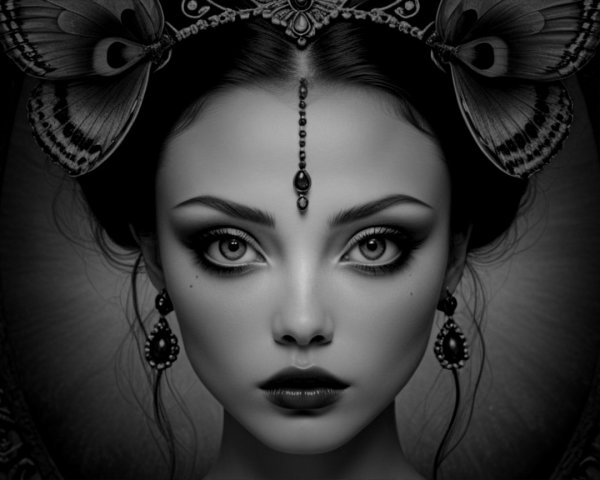 Black and white portrait of a woman with jewelry