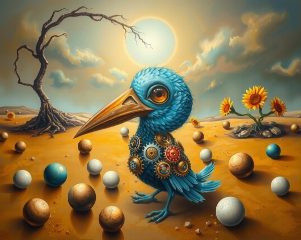 Surreal Landscape with Mechanical Blue Bird and Eggs