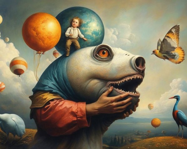 Surreal Scene with Giant Bear Head and Child on Balloons