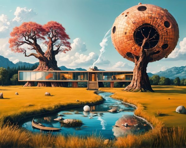 Surreal landscape with futuristic structure and vibrant trees