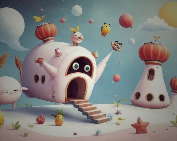 Whimsical Cartoon Scene with Colorful Fantasy Elements