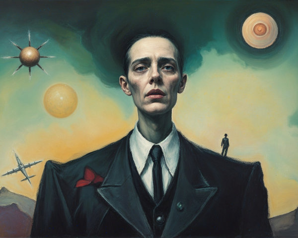 Surreal figure in dark suit with vibrant dreamlike background