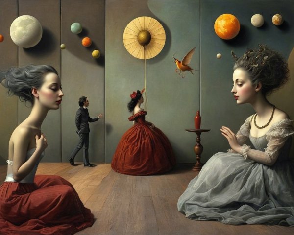 Surreal Artwork of Elegantly Dressed Women and Celestial Bodies