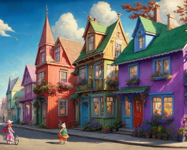 Vibrant Street Scene with Colorful Whimsical Houses