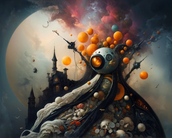 Surreal Scene of Towering Figure and Dark Castle