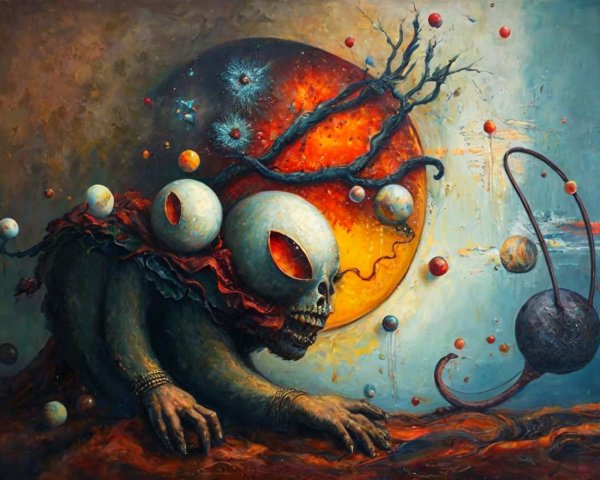 Surreal Scene of a Skeletal Figure Against Fiery Cosmos