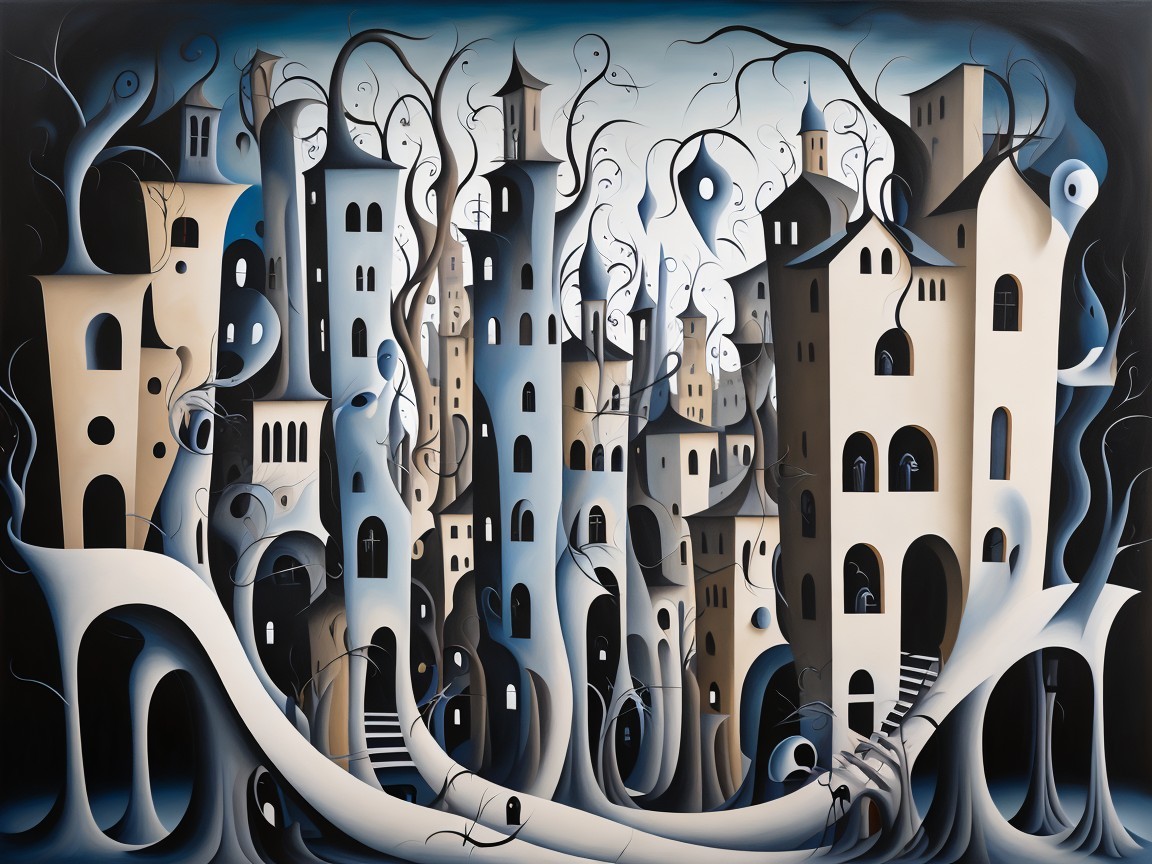 Surreal Cityscape with Abstract Buildings and Branches