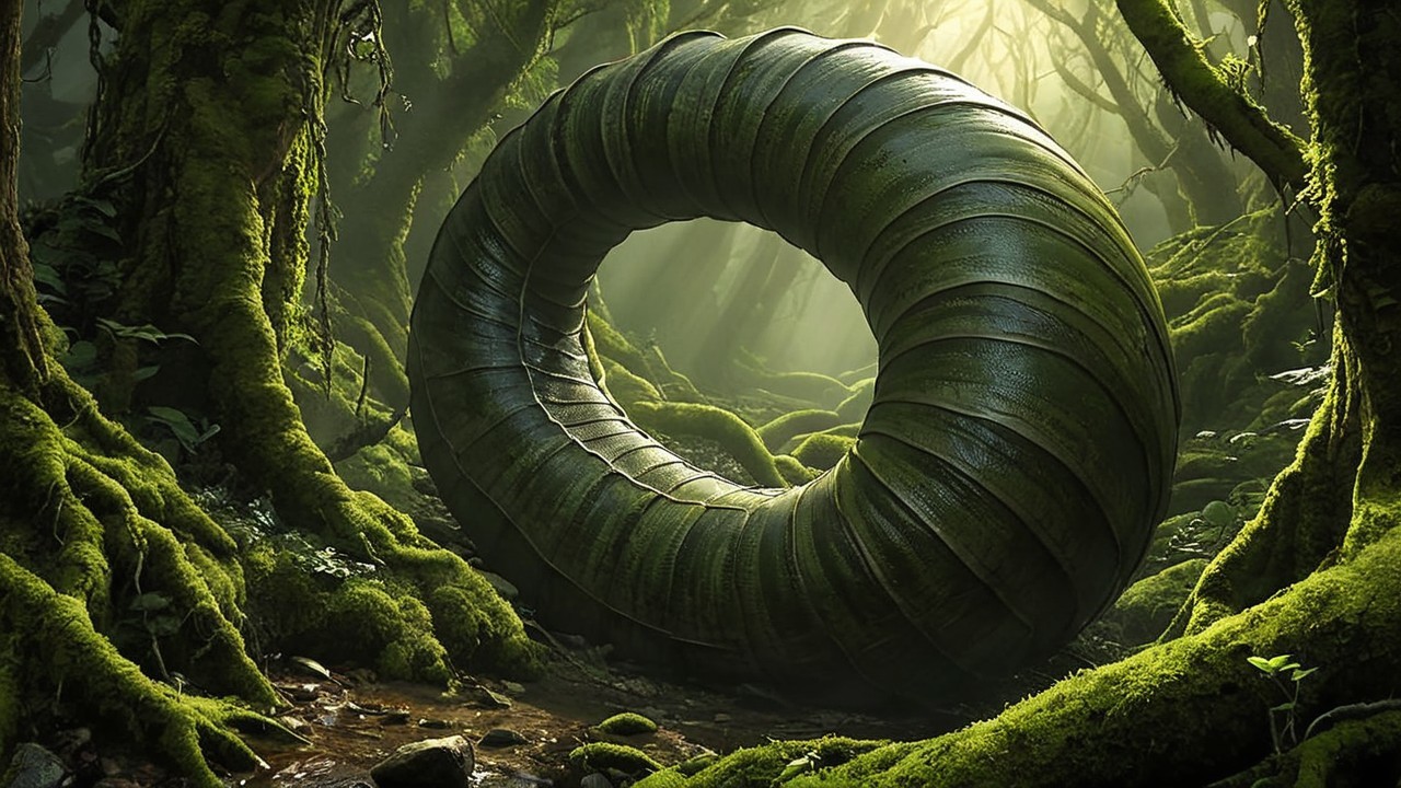 Giant Caterpillar Structure in Mystical Forest Setting