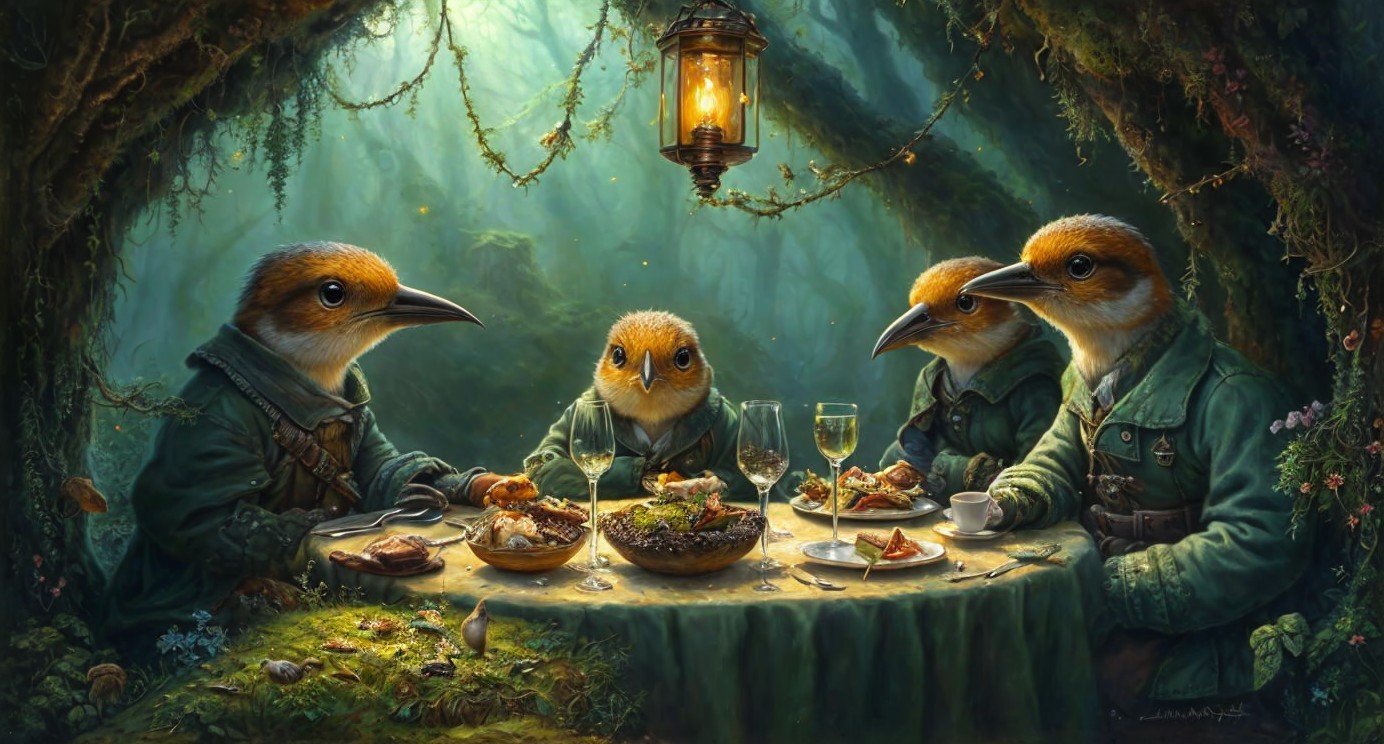 Anthropomorphic birds dining in a mystical forest setting