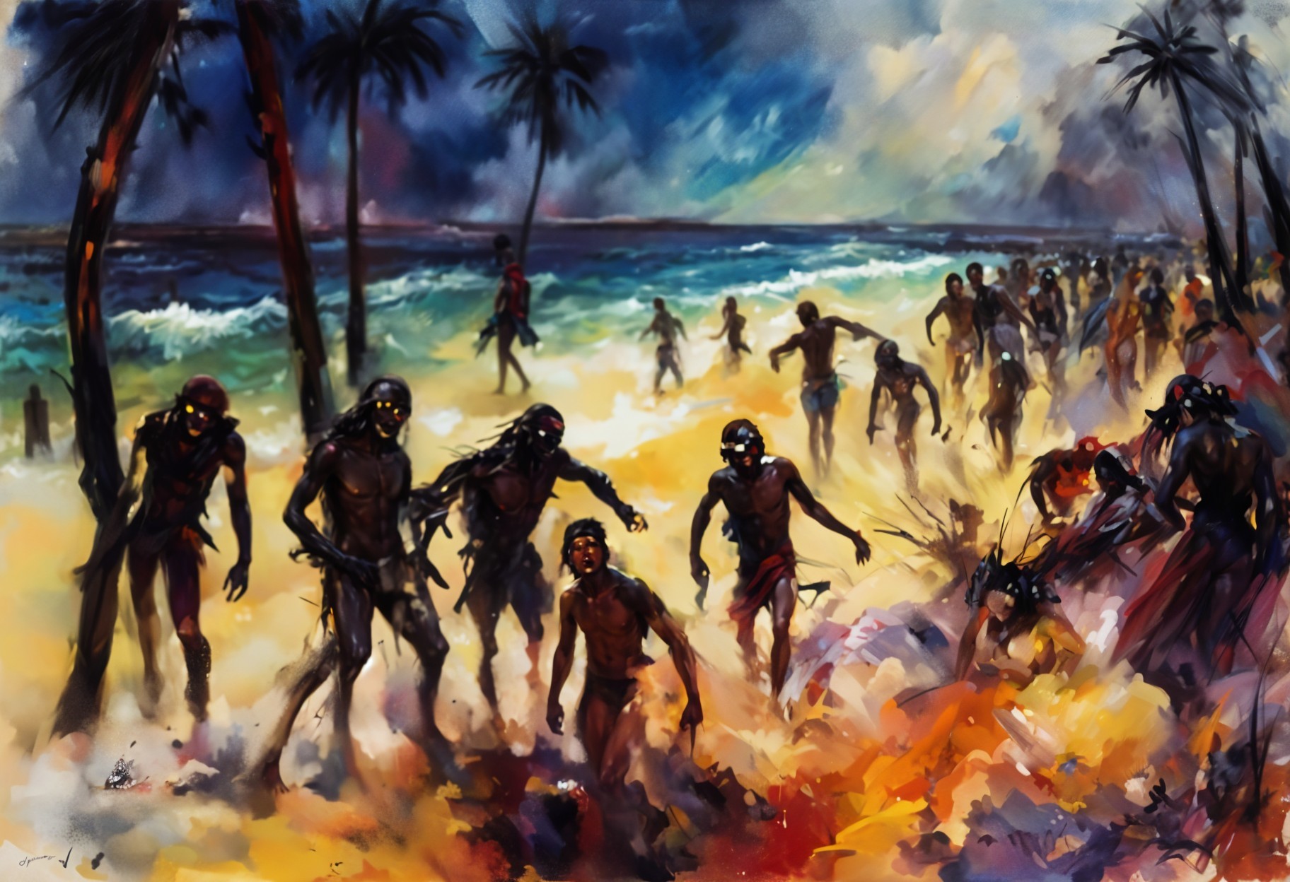 Vibrant Seashore Scene with Figures and Palm Trees