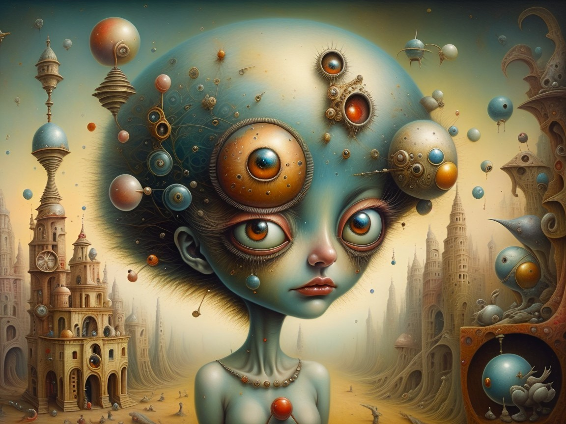 Surreal Landscape with Humanoid Figure and Whimsical Towers