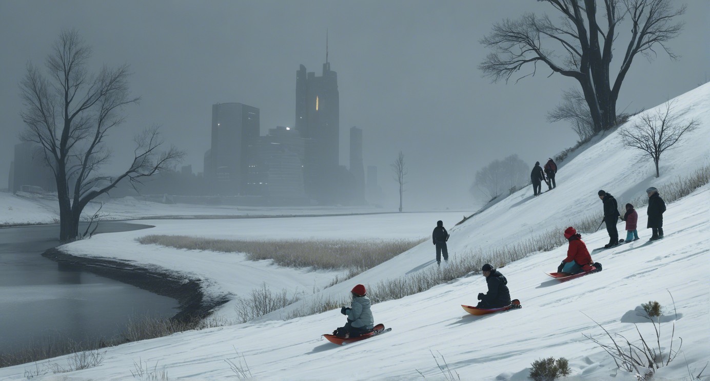 Winter Sledding Scene with Urban Skyline Background