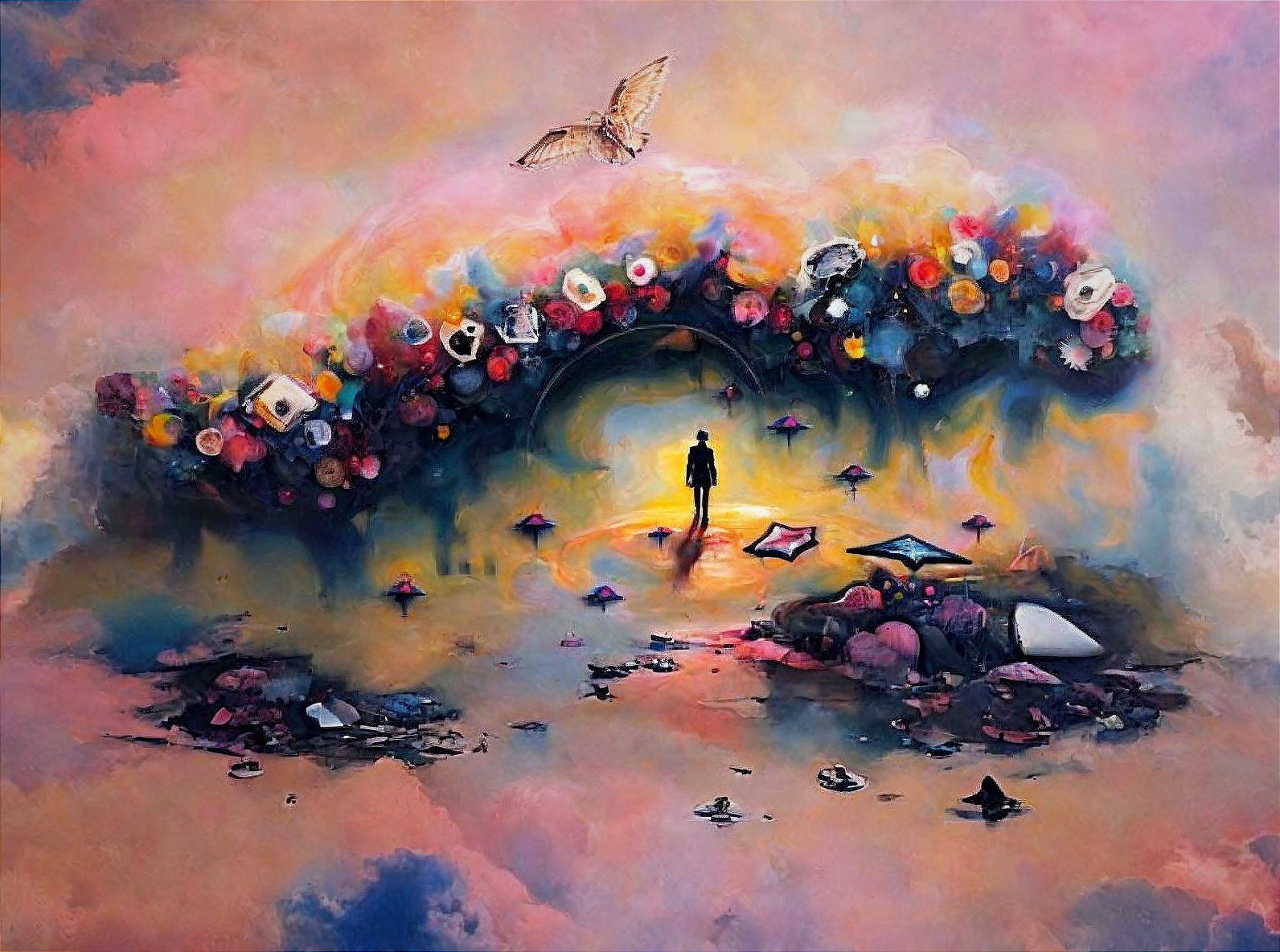 Surreal Landscape with Figure and Floral Archway