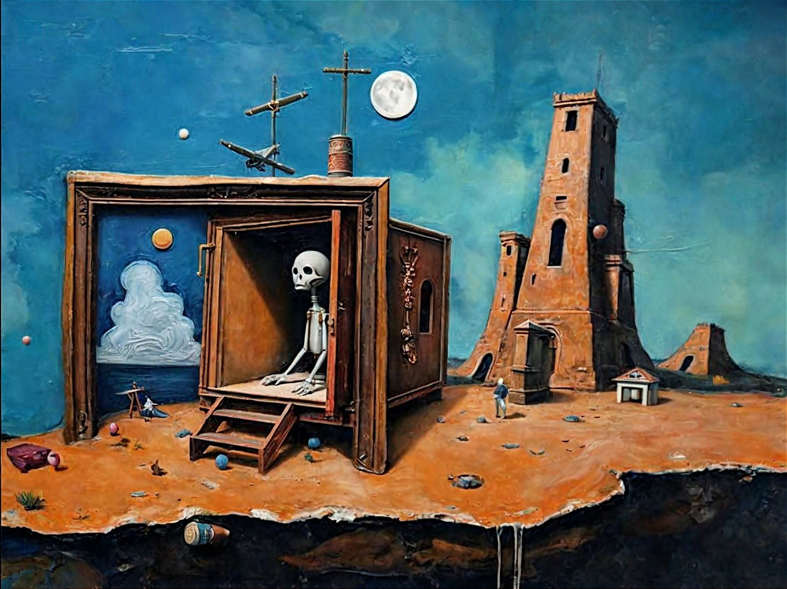 Surreal Landscape with Wooden Box and Skeletal Figure