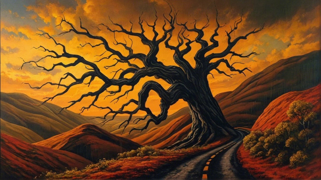 Surreal Landscape with Leafless Tree and Sunset Hues