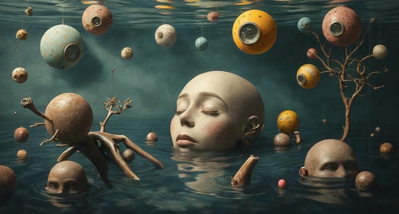 Surreal Underwater Scene with Sculptural Heads and Orbs
