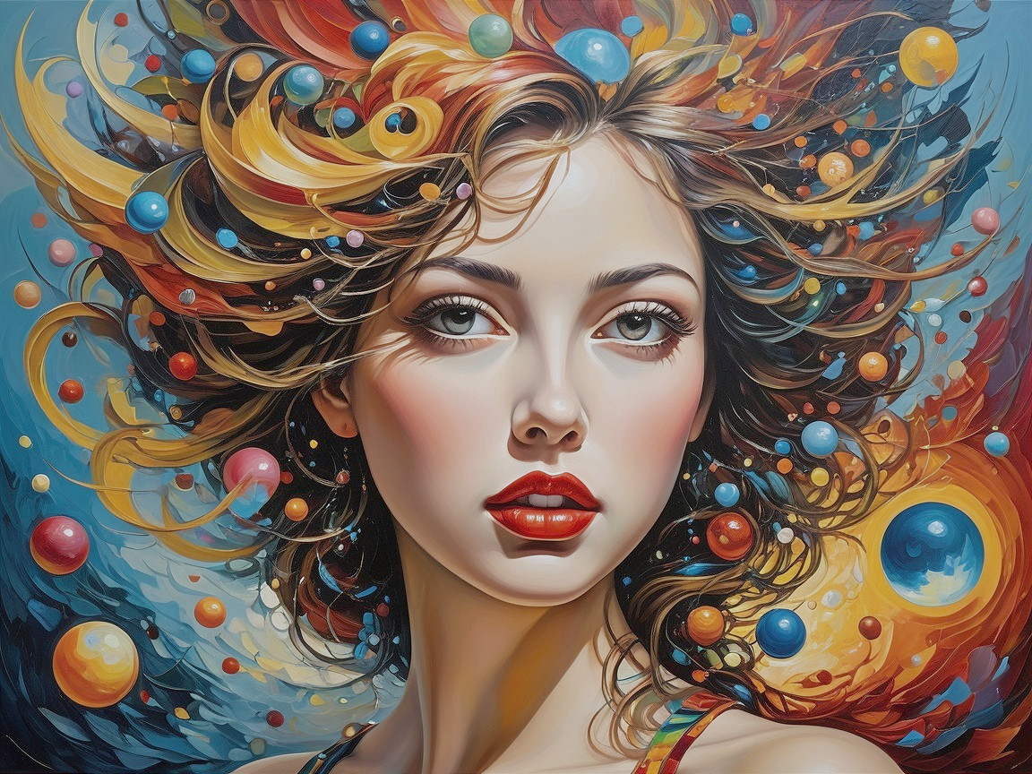 Vibrant Portrait of a Young Woman with Cosmic Elements