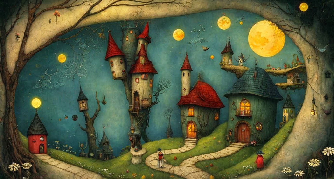 Magical Village with Colorful Cottages and Starry Sky