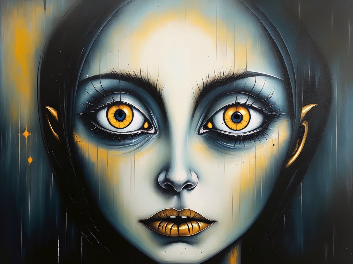 Surreal Female Face with Luminous Yellow Eyes