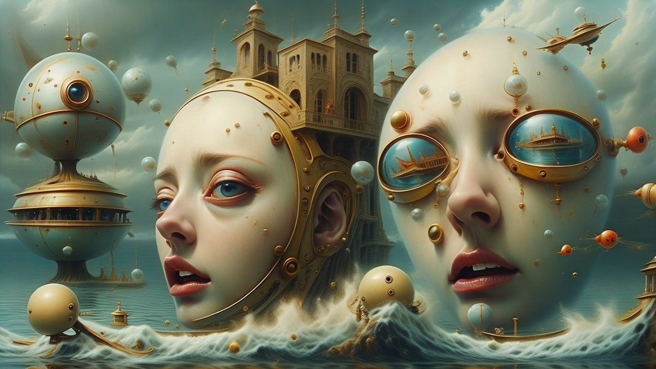 Surreal Landscape with Ethereal Faces and Floating Objects