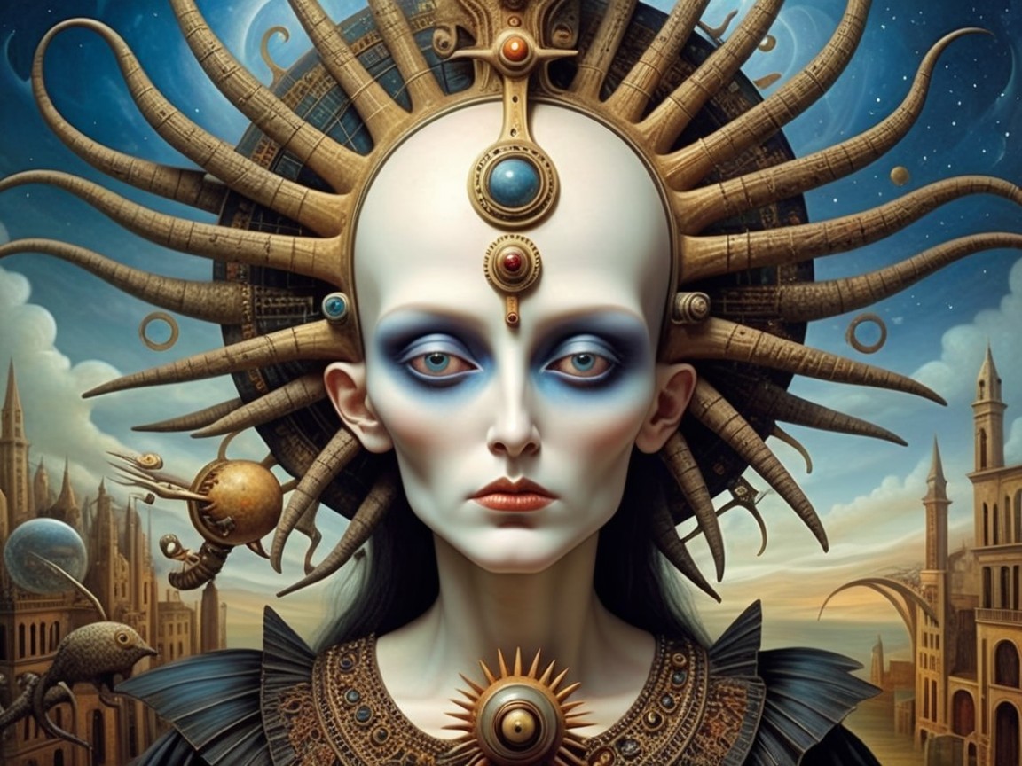 Otherworldly figure in celestial headgear and cosmic landscape