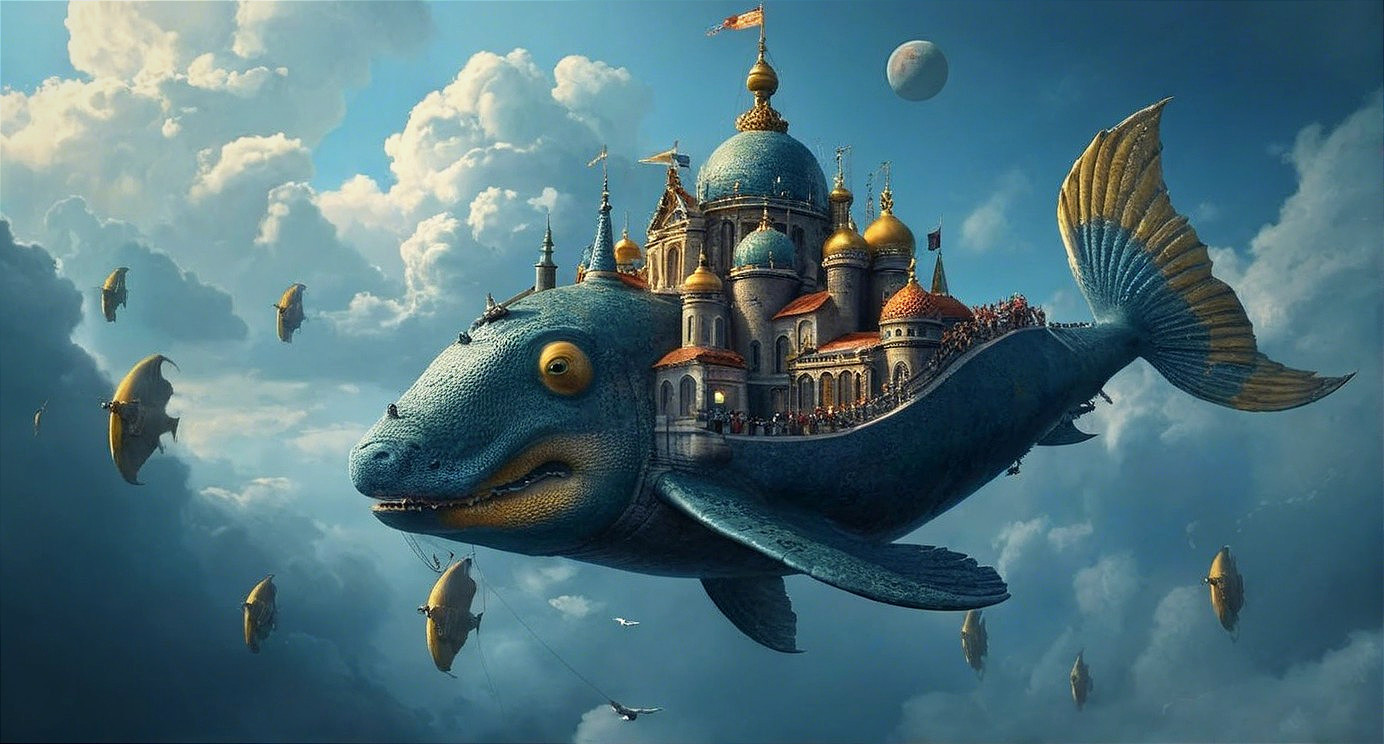 Giant Blue Fish with Castle in Dreamy Sky Scene