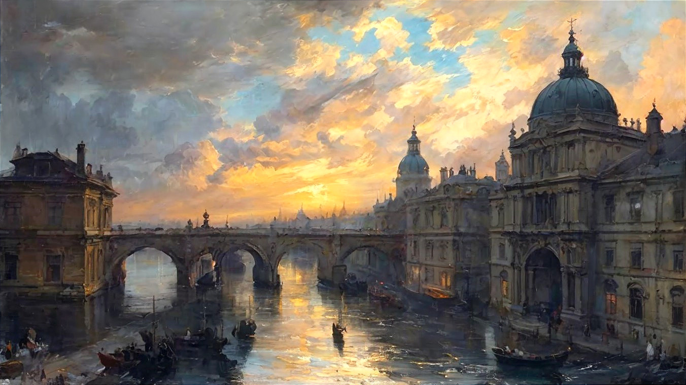 Serene Sunset Over Historic Cityscape with Riverbanks