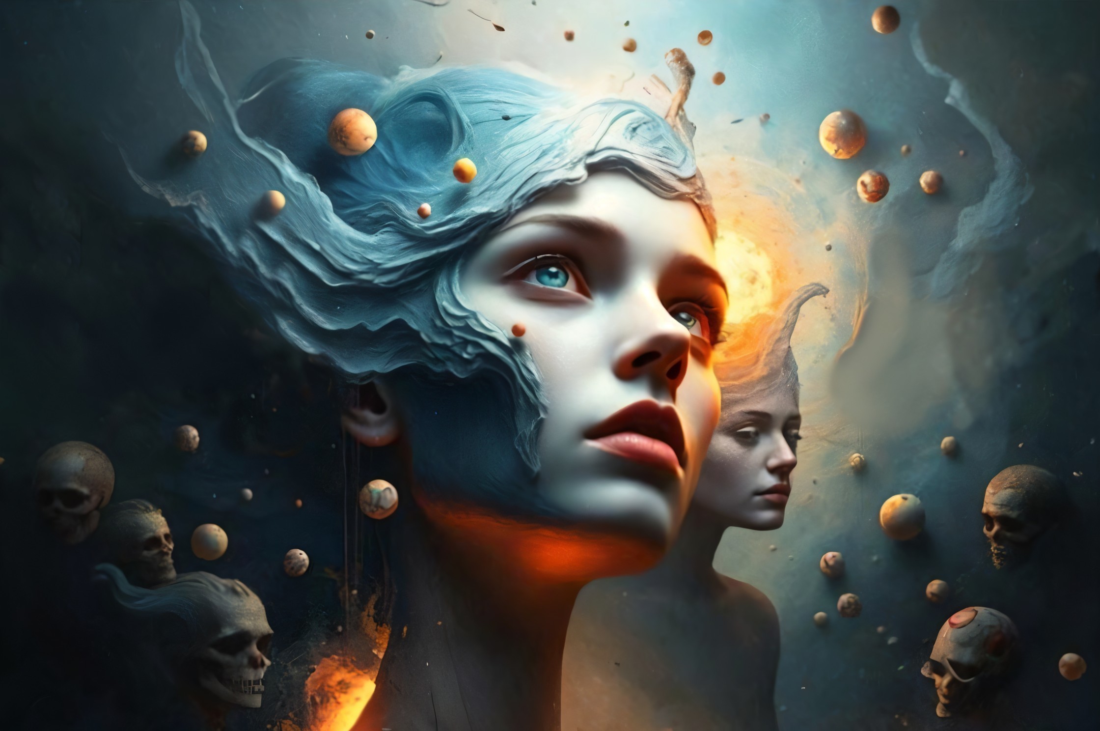 Surreal depiction of women with cosmic elements