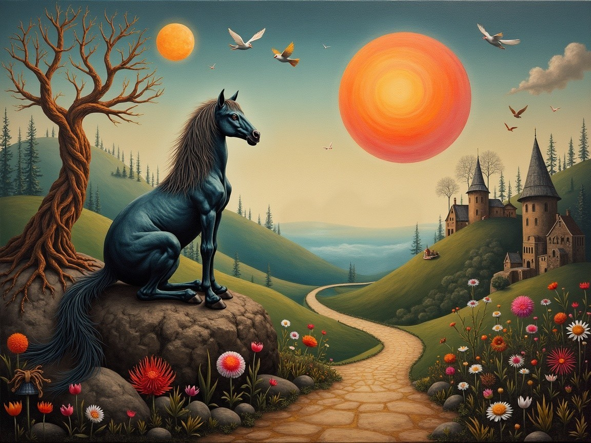 Majestic Blue Horse in Dreamlike Landscape with Suns