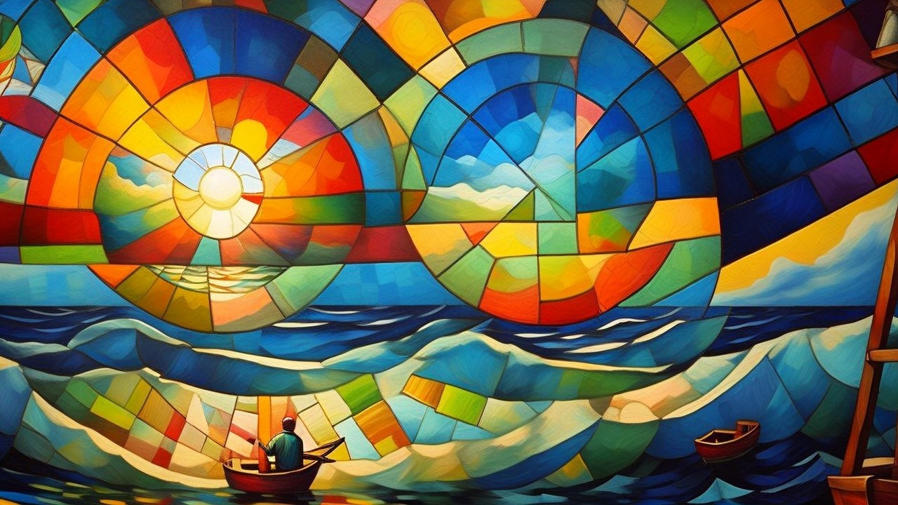 Vibrant Stained Glass Seascape with Boats and Sky