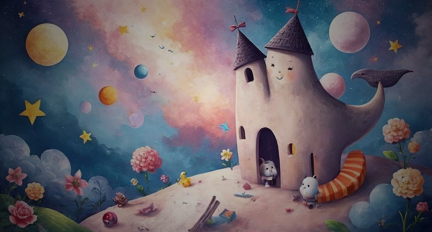 Whimsical castle on a colorful hillside with creatures
