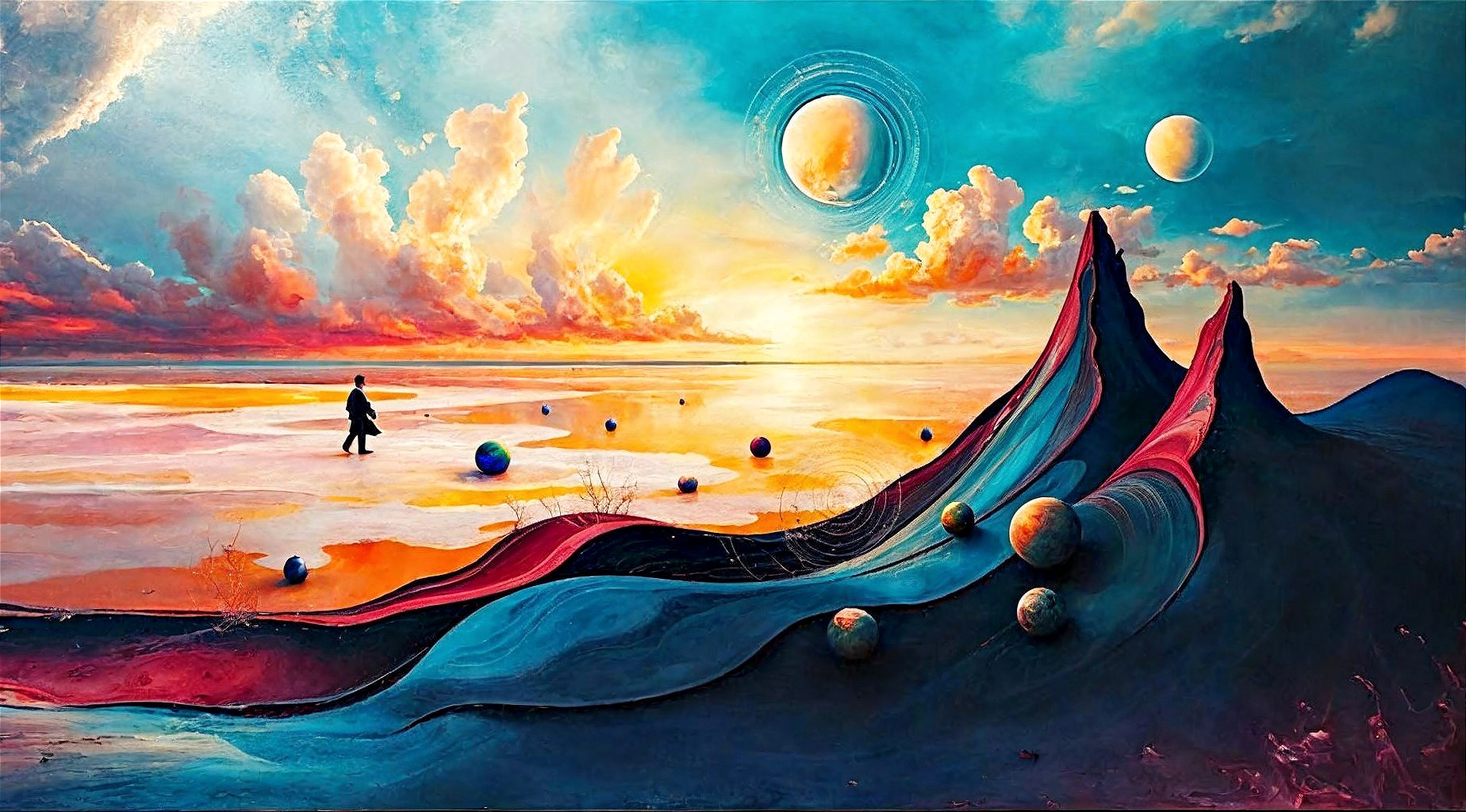 Abstract Landscape with Colorful Mountains and Planets