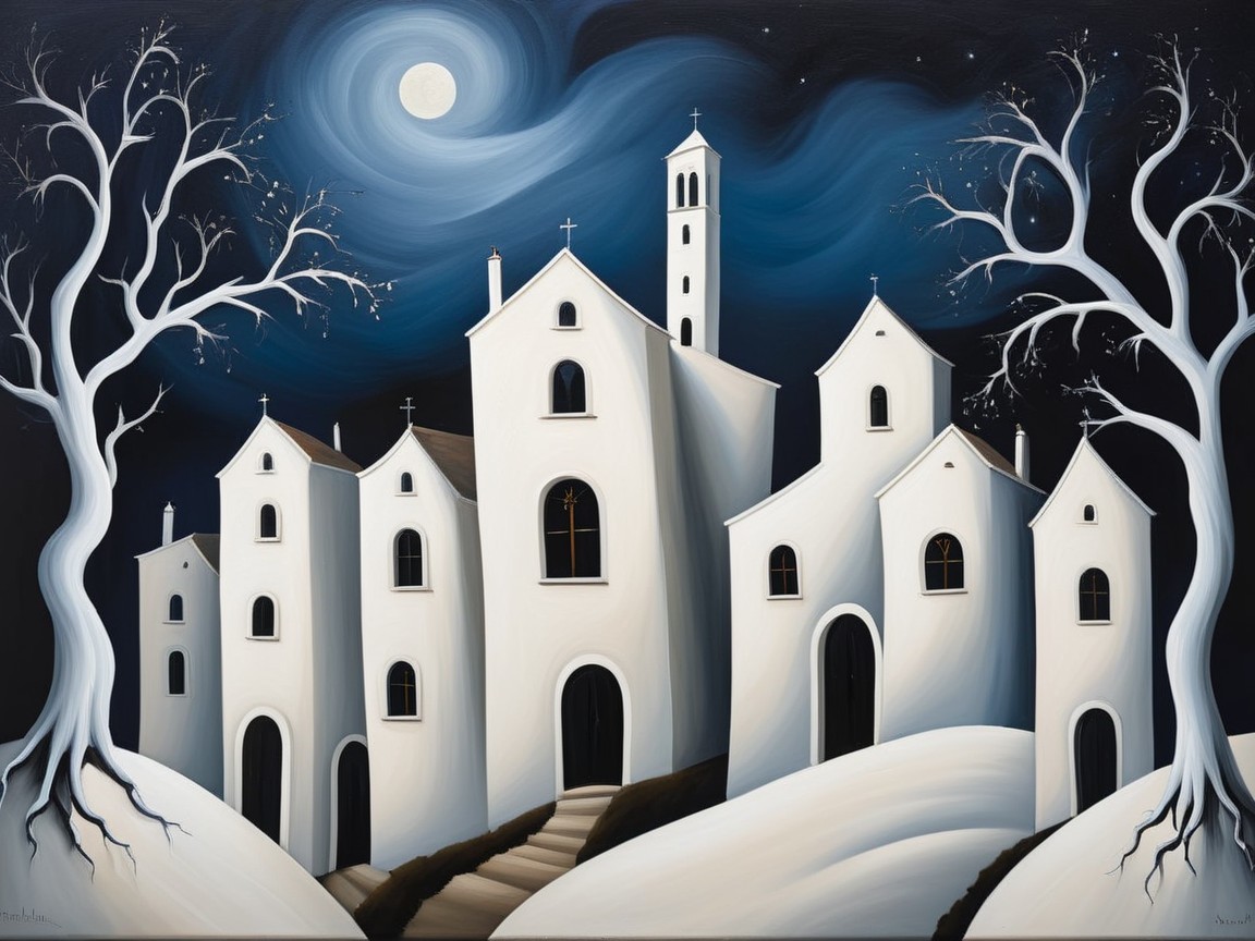 Whimsical Moonlit Landscape with White Buildings