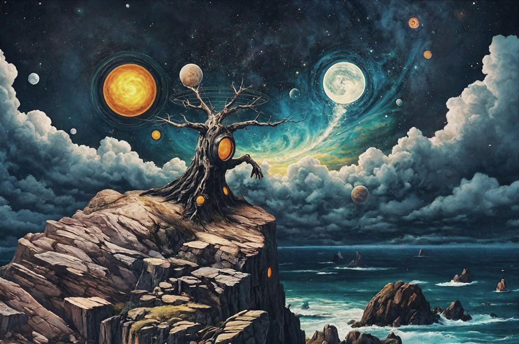 Surreal Landscape with Cosmic Elements and Ocean Waves