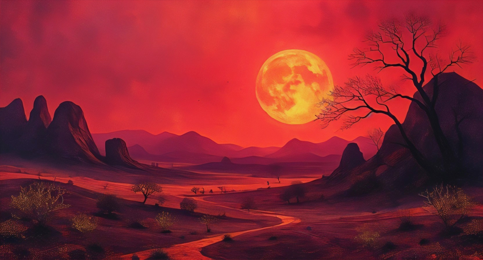 Dramatic Dusk Landscape with Mountains and River