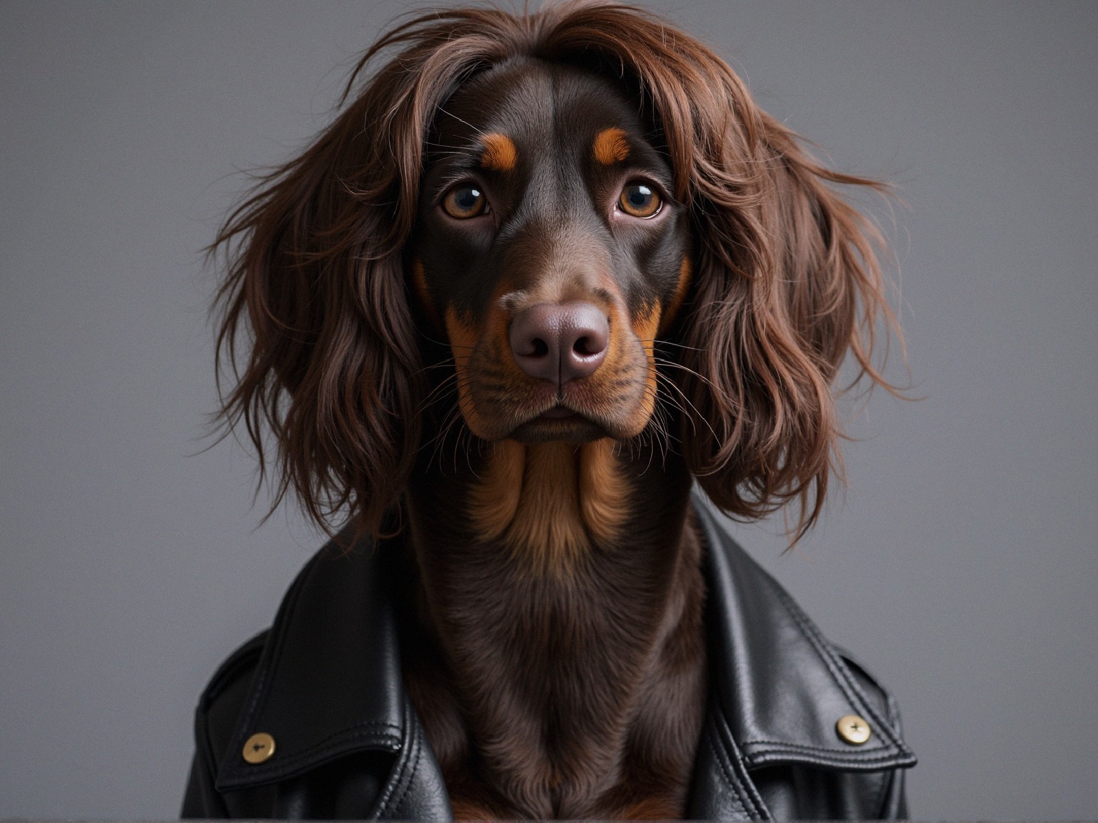 Dog in leather jacket with wavy brown wig on gray background