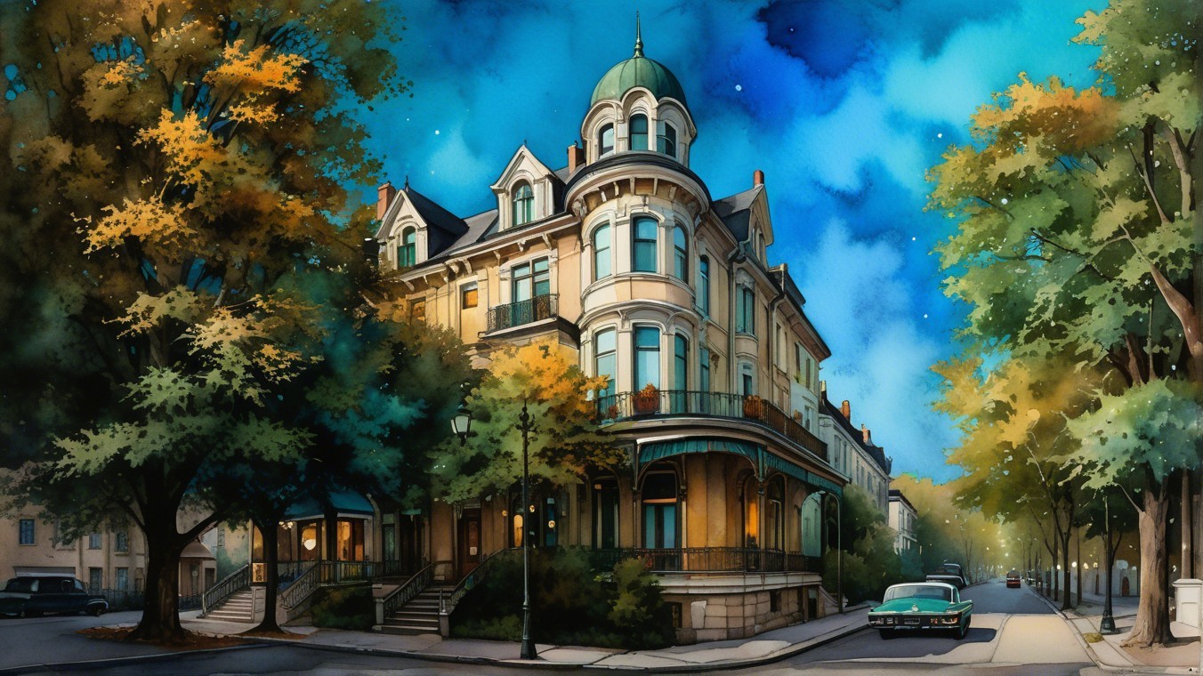 Vintage mansion under starry sky with autumn trees