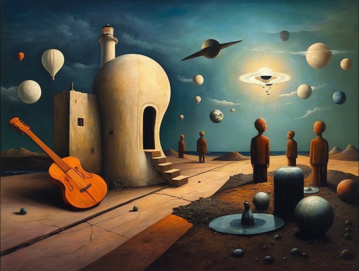 Surreal Landscape with Whimsical Lighthouse and Figures
