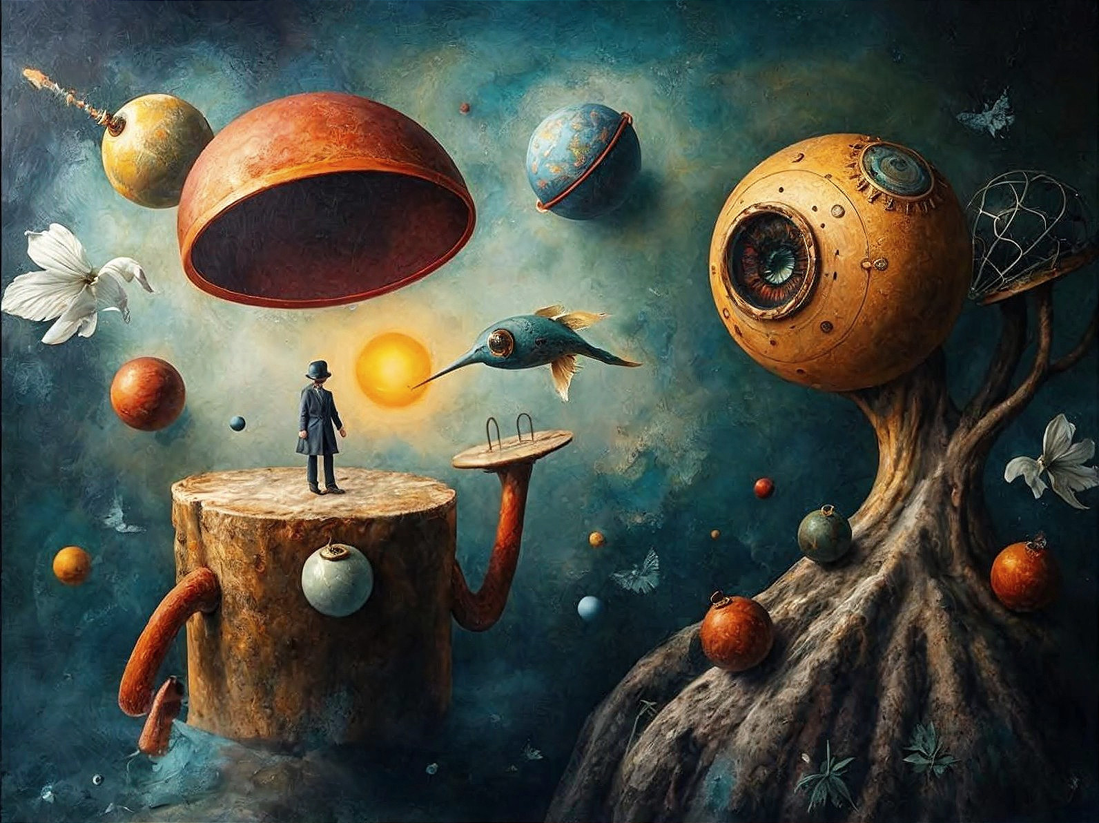 Surreal Painting of a Tiny Man on a Tree Stump