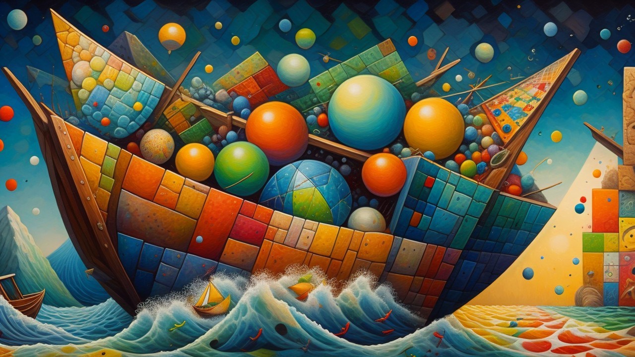 Surreal Abstract Ship with Colorful Geometric Shapes