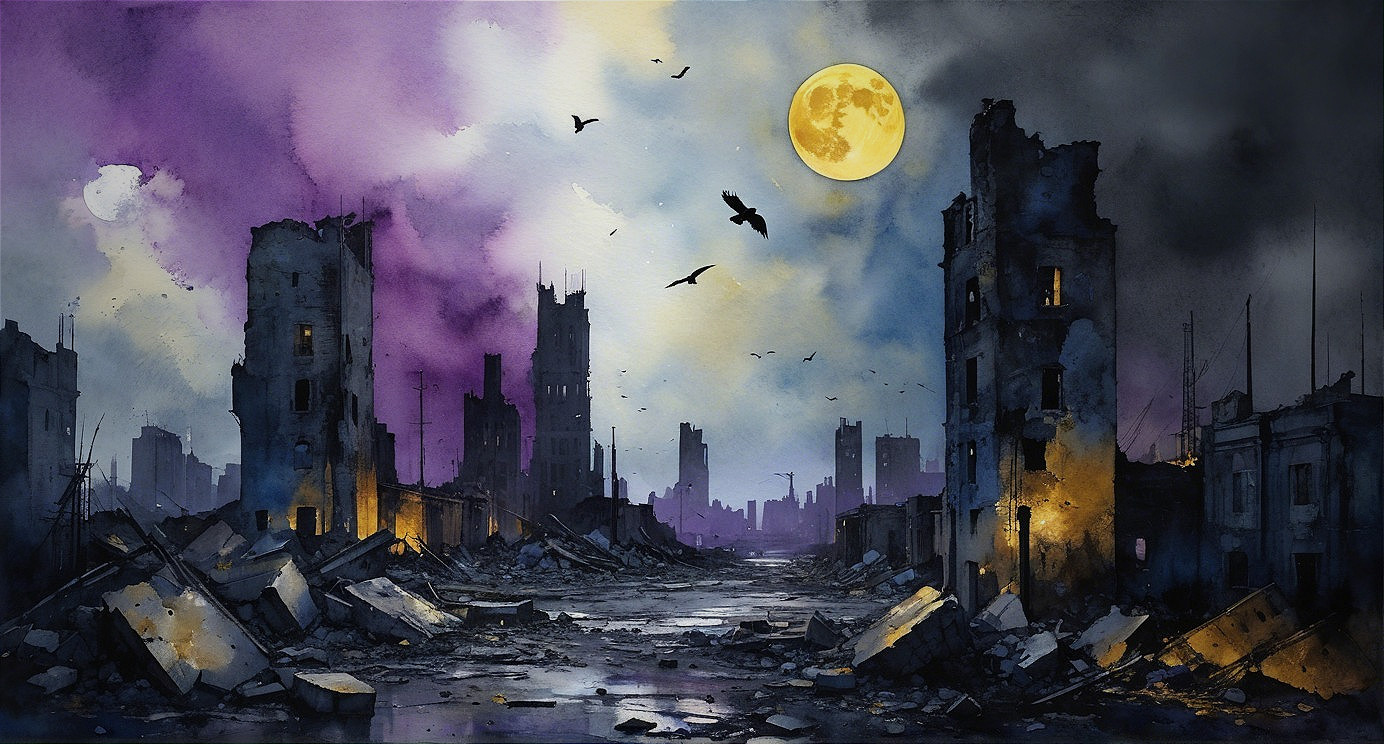 Post-Apocalyptic Landscape with Twilight Sky and Bats