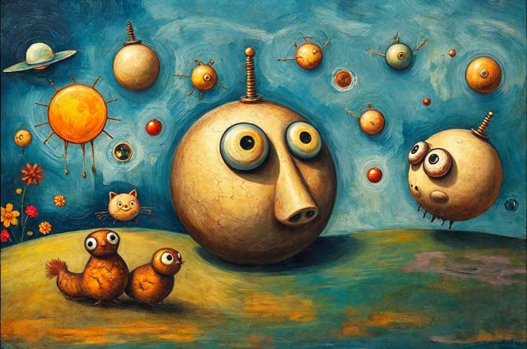 Colorful Whimsical Landscape with Curious Figure and Animals