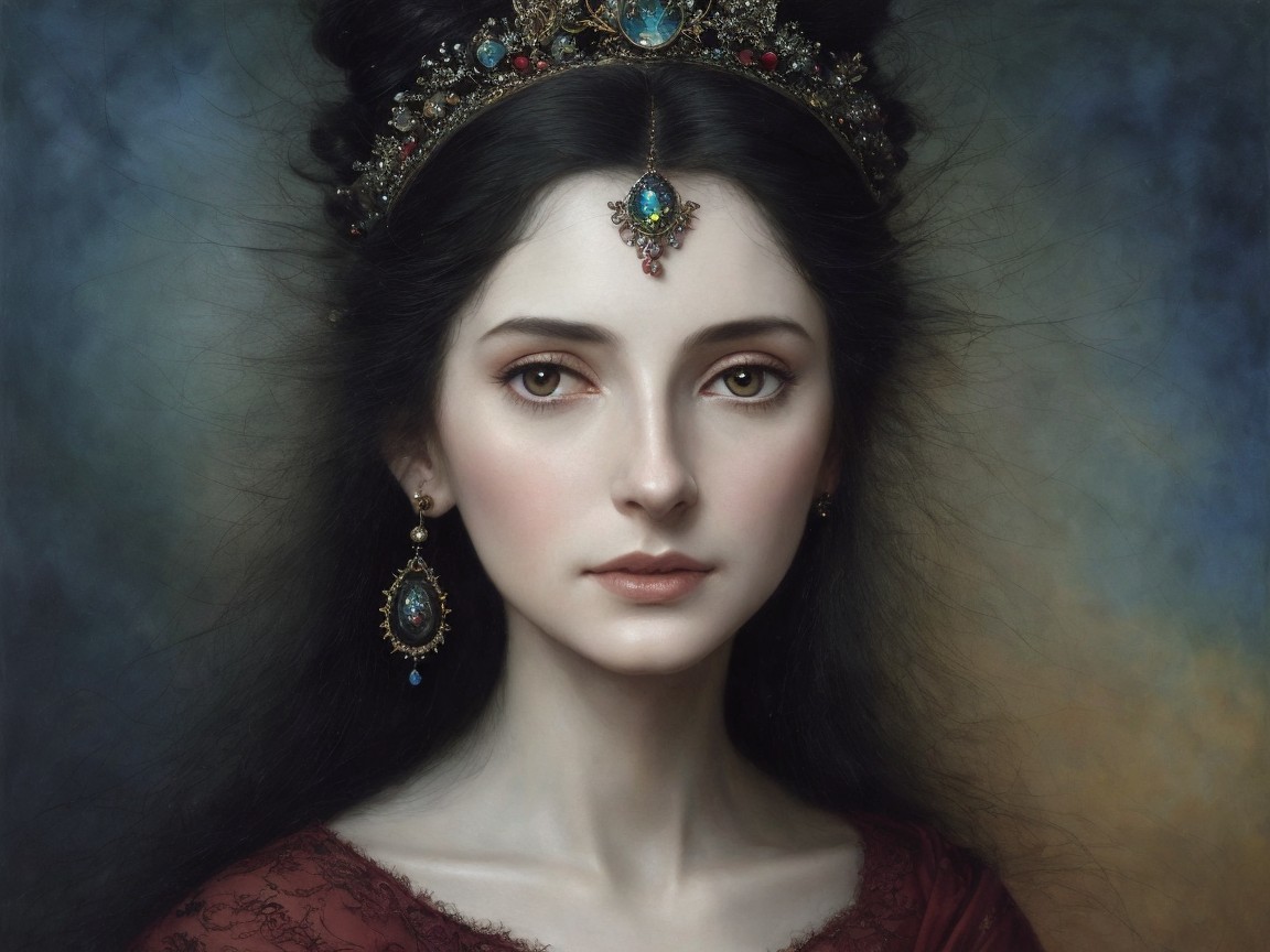 Young Woman in Dark Red Dress with Golden Crown