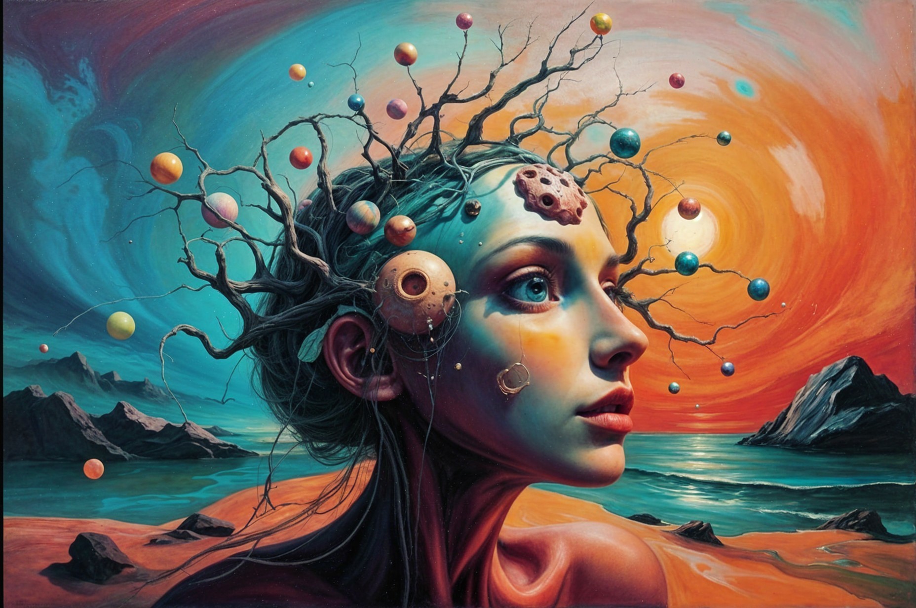 Surreal Portrait of Woman with Celestial Elements