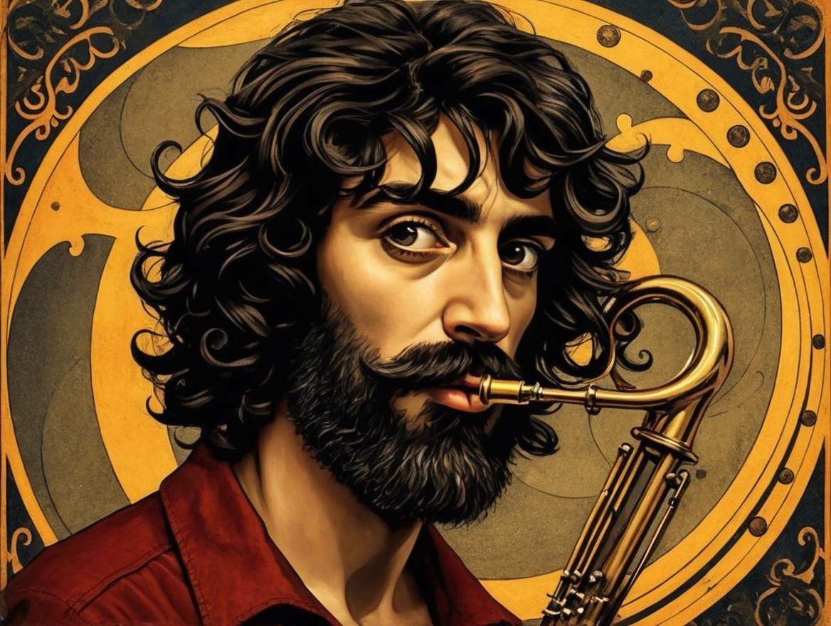 Man with Saxophone Against Artistic Circular Background