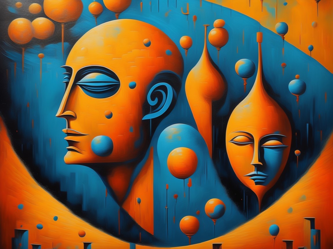 Abstract Surreal Faces with Vibrant Blue and Orange Hues