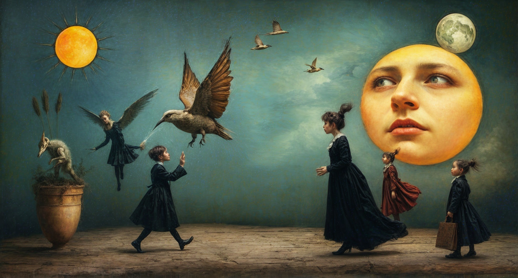 Surreal Landscape with Children and Whimsical Elements