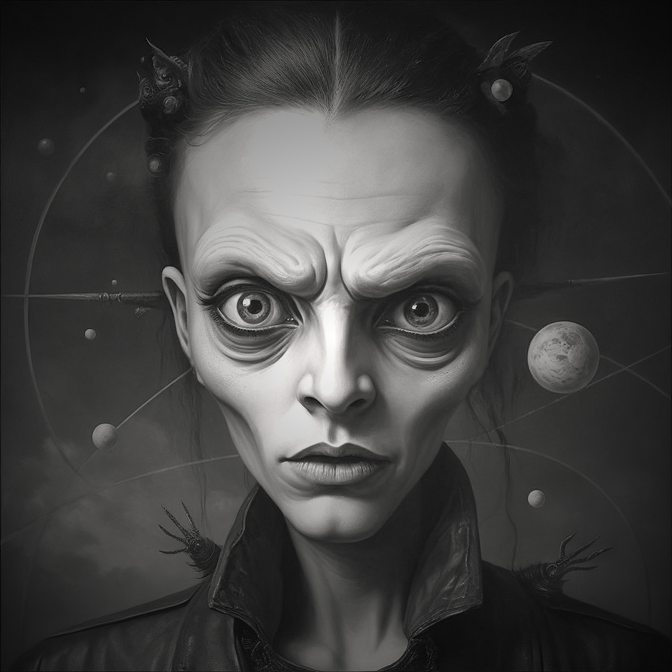 Monochromatic Portrait of a Woman with Celestial Background